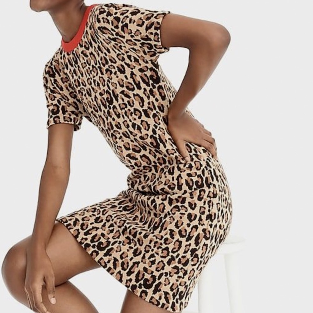 Demylee x J.Crew leopard print wool blend short-sleeve sweater dress